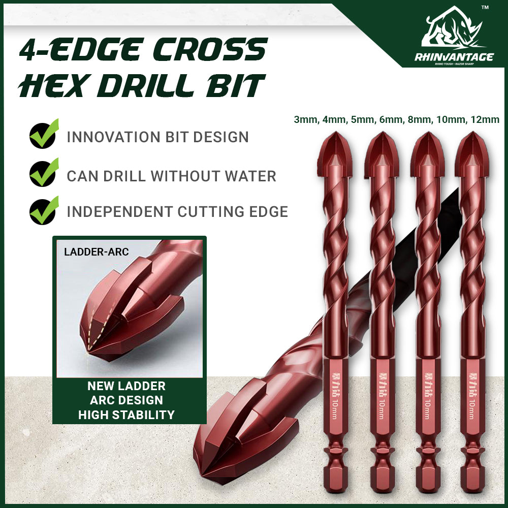 4-Edge Cross Hex Drill Bit | Concrete, Tile, Glass, and Metal (3mm - 12mm)