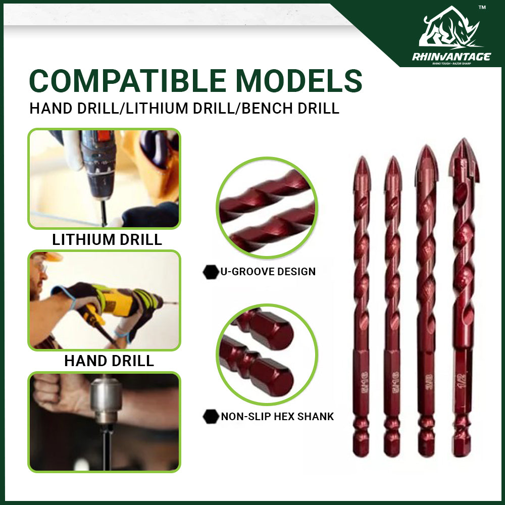 4-Edge Cross Hex Drill Bit | Concrete, Tile, Glass, and Metal (3mm - 12mm)