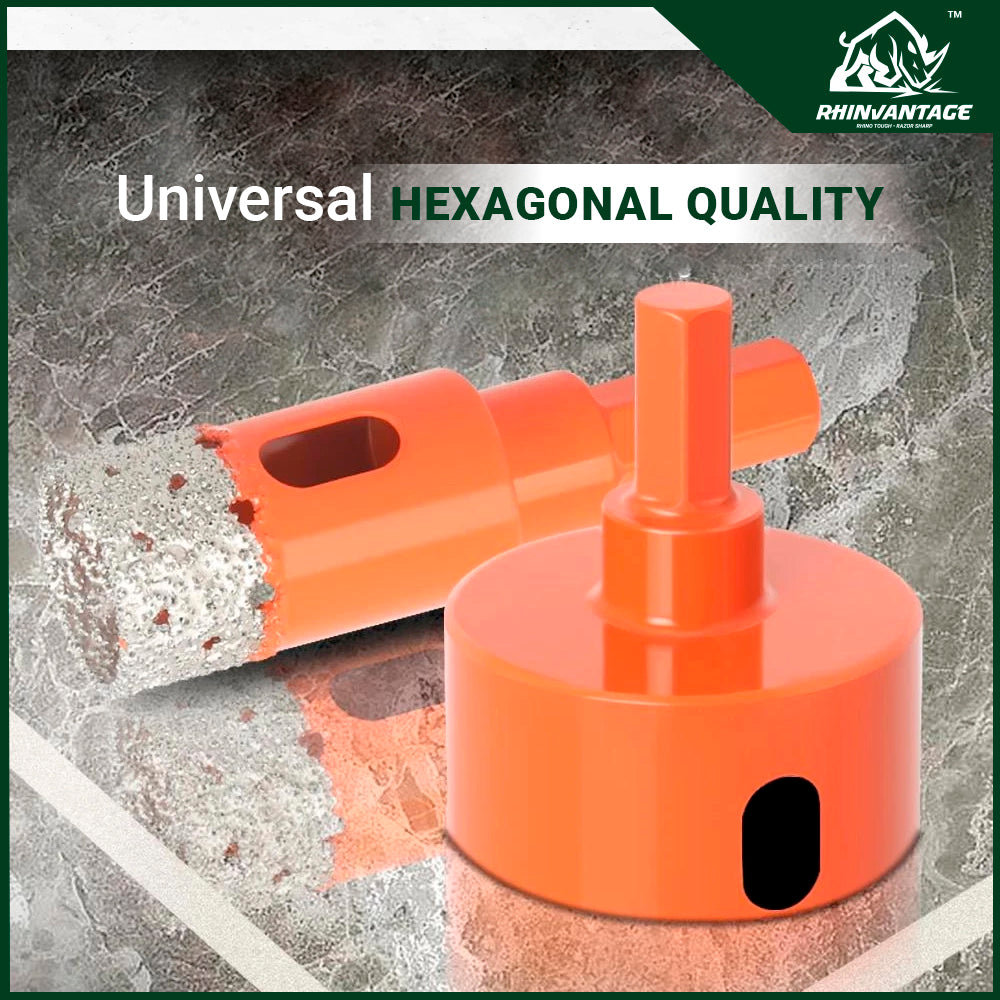 Hex Diamond Hole Saw with Coolant Sponge and Universal Hex Shank | Porcelain, Tiles, Marble, and Glass (18mm - 65mm)