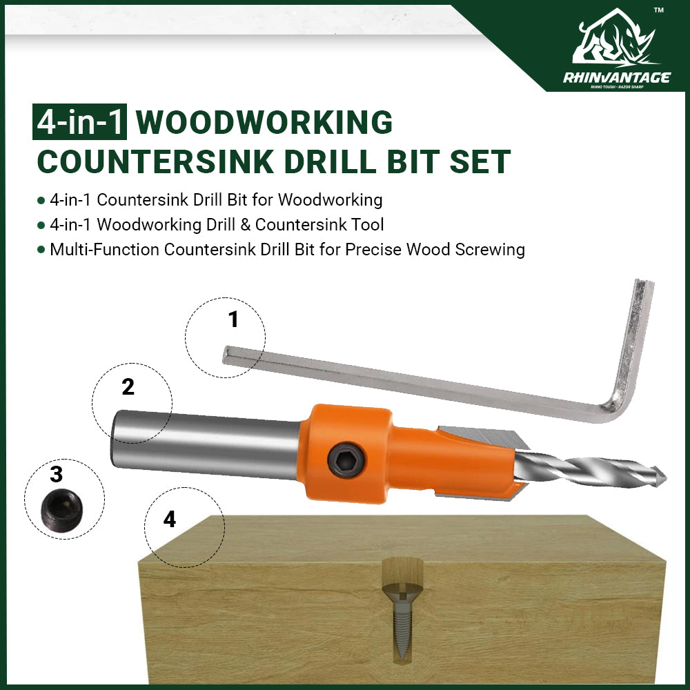 HSS Countersink Wood Drill Bit with Depth Stop Collar & Screwdriver (8mm/10mm Shank)