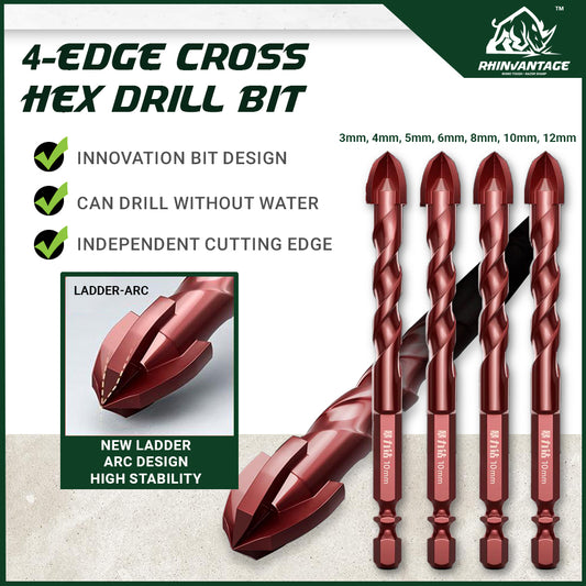 4-Edge Cross Hex Drill Bit | Concrete, Tile, Glass, and Metal (3mm - 12mm)
