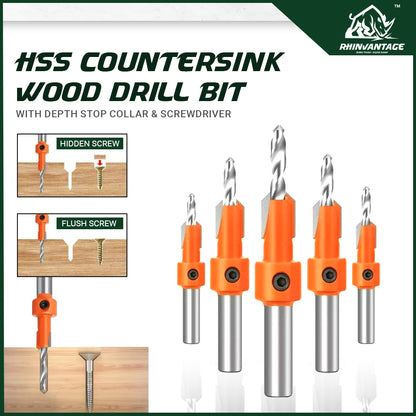 HSS Countersink Wood Drill Bit with Depth Stop Collar & Screwdriver (8mm/10mm Shank)