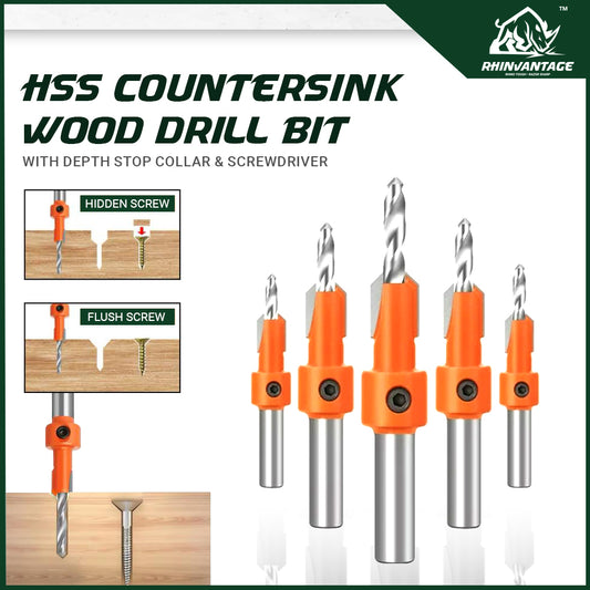 HSS Countersink Wood Drill Bit with Depth Stop Collar & Screwdriver (8mm/10mm Shank)